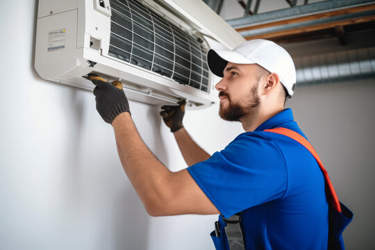 HVAC technician installing a mini split air conditioner in Tucson