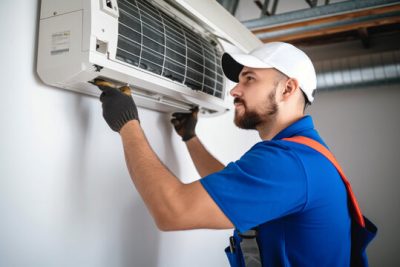 360_F_621046421_Vcay4nYa8ozdeodOQVDfES6MRrC6N3b8 Air conditioning technician servicing a wall-mounted AC unit in Tucson, AZ