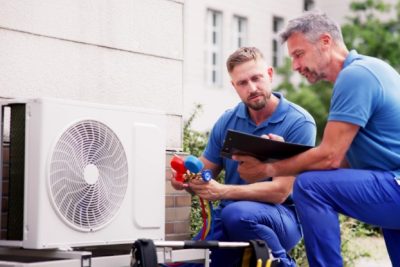 ac-installation-in-claremont-ca HVAC technicians reviewing an outdoor air conditioning unit in Tucson, AZ